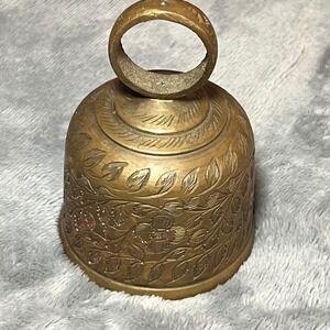 Vintage Brass Hand Etched Floral Bell Hanging Decor with Ring Handle 3.5in Tall